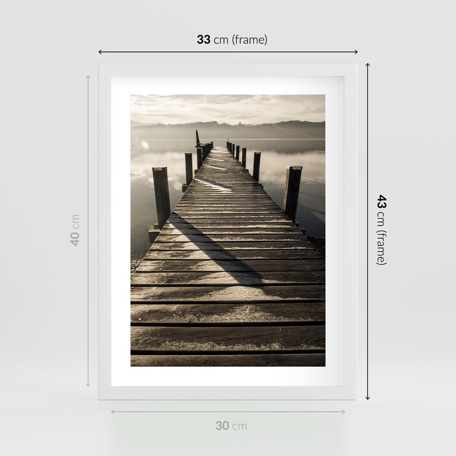 Plakat w ramie 30x40 - Pomost nad jeziorem - pomost, jezioro - rama biała