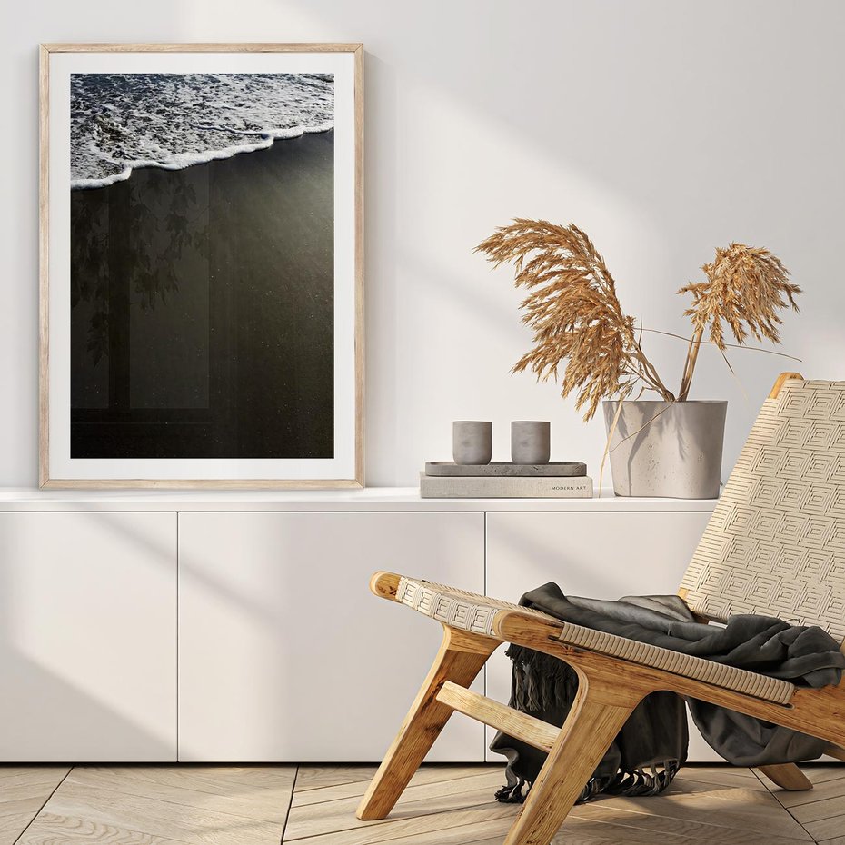 Plakat w ramie 30x40 - Morskie Fale na Plaży - plaża, morskie fale omywają piasek - rama drewno