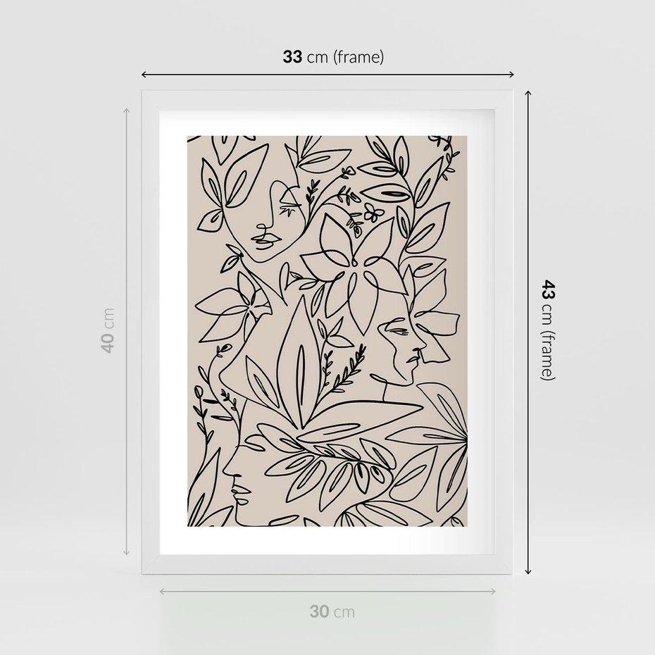 Plakat w ramie 30x40 - Kobiecy Portret Duszy - beżowe tło, czarny szkic nowoczesnych kwiatów - rama biała
