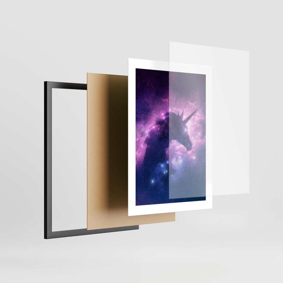 Plakat w ramie 30x40 - Mityczna podróż - kosmos, jednorożec - rama czarna