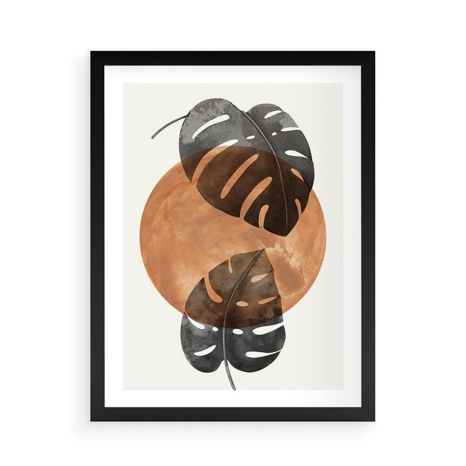 Plakat w ramie 50x70 - Elegancja w Detalach: Miedziane Koło z Monsterą - grafika, miedziane koło - rama czarna