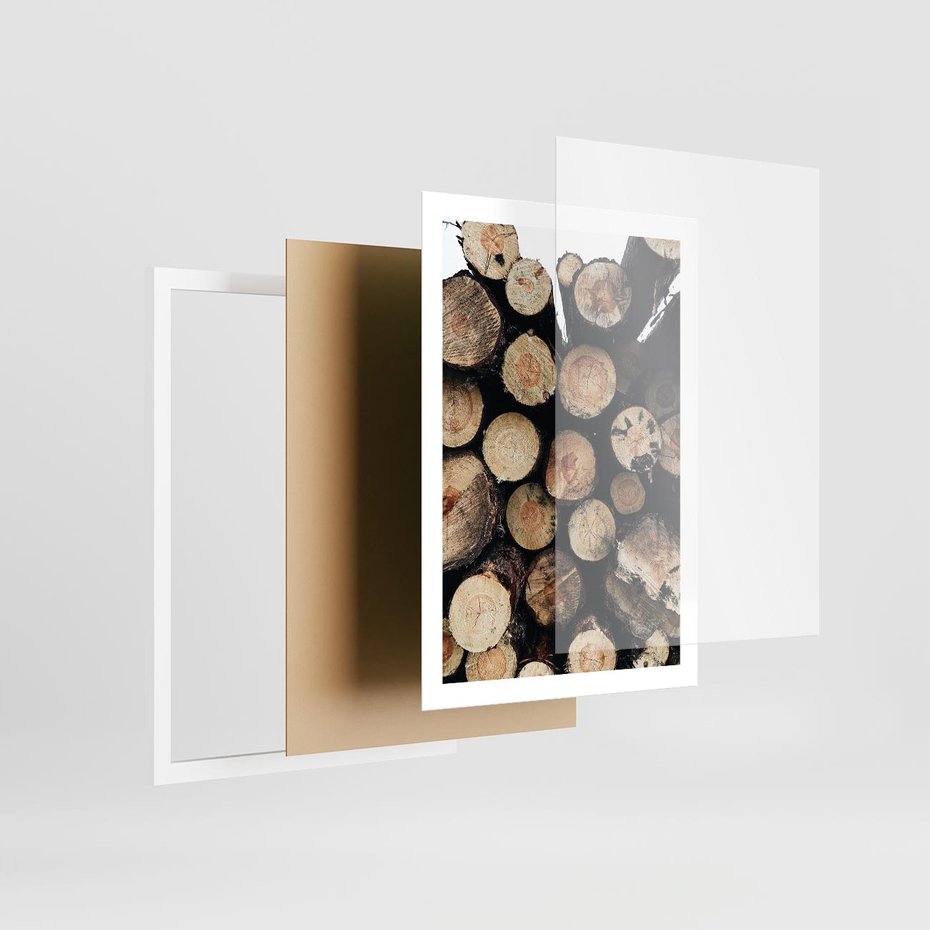 Plakat w ramie 50x70 - Siła Drewna - ścięte drewno, belki drewna ułożone jedna na drugiej - rama biała