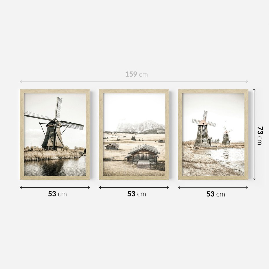 Zestaw obrazy w ramie 50x70 galeria - Wiatraki, domki, pola, łąki - rama drewno