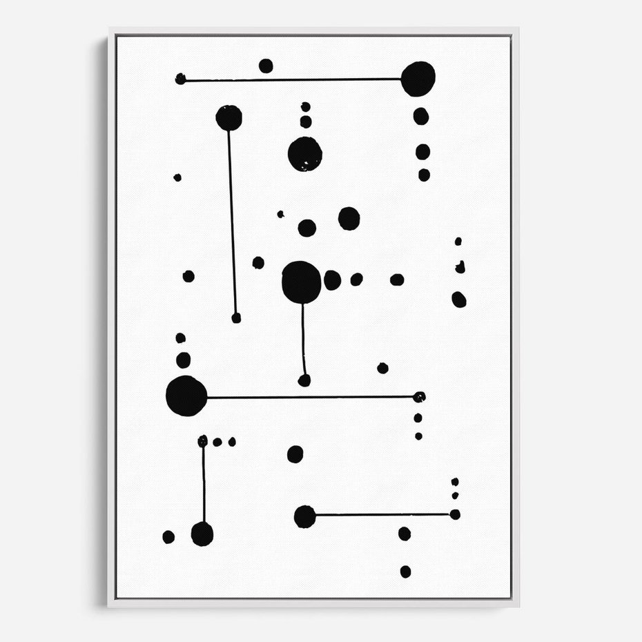 Obraz w ramie 50x70 - Nocne Zawirowania - abstrakcyjny plakat, czarne kropki i kreski - rama biała