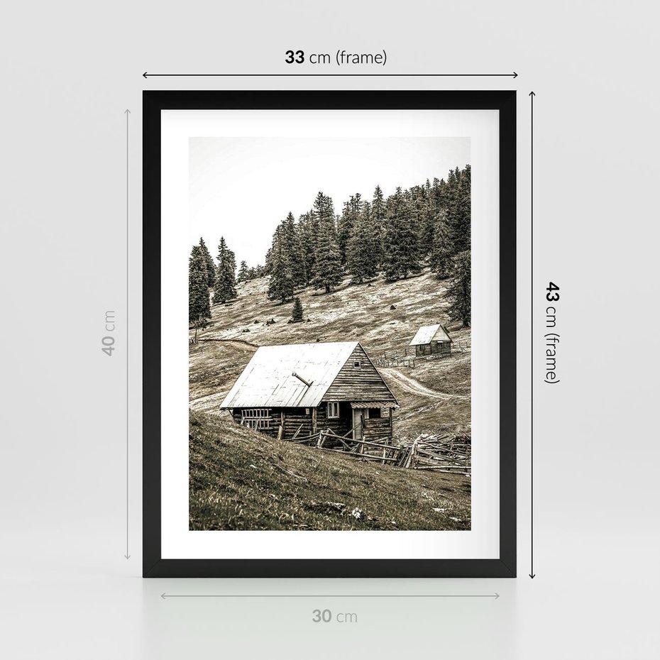 Plakat w ramie 30x40 - Ustronne Chatki w Górach - rustykalne domki w górach, sepia - rama czarna