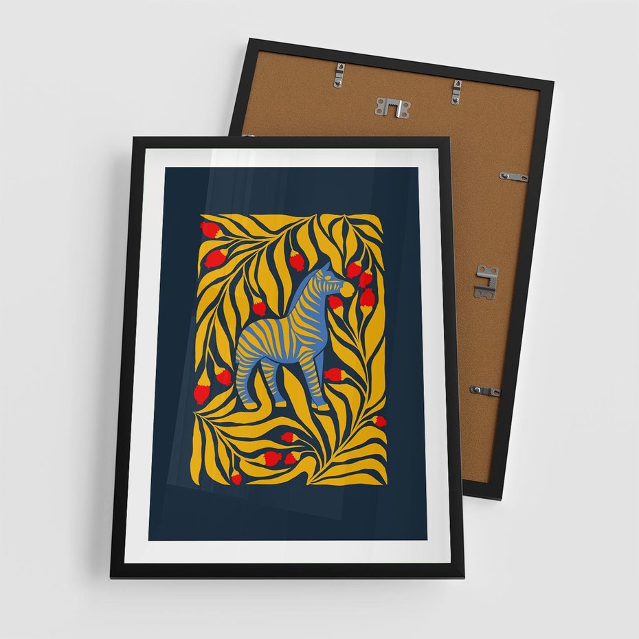 Plakat w ramie 50x70 - Wibracje Wyobraźni - zebra, granatowe tłó - rama czarna