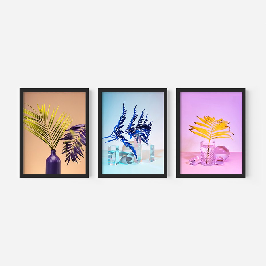 Zestaw obrazy w ramie 30x40 galeria - Palmy, paprocie, liście, pastele - rama czarna