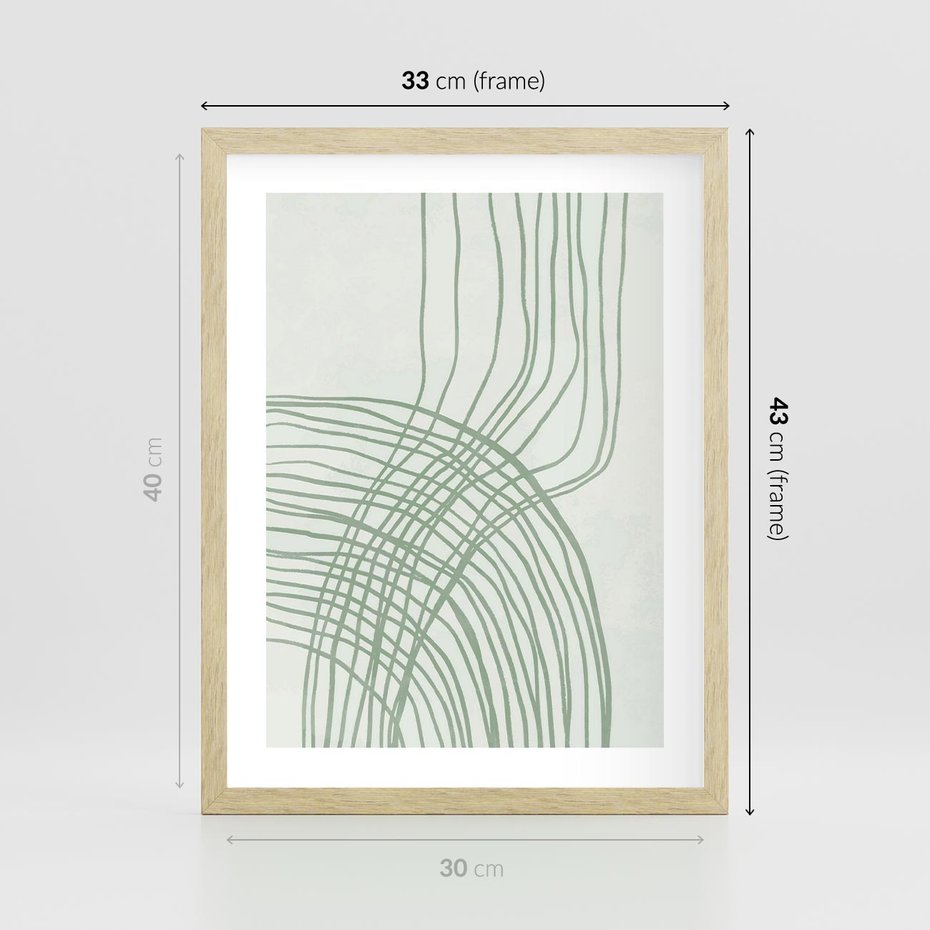 Plakat w ramie 30x40 - Migotliwa Spokojna Zieleń - zielony plakat, abstrakcyjne splątane linie - rama drewno