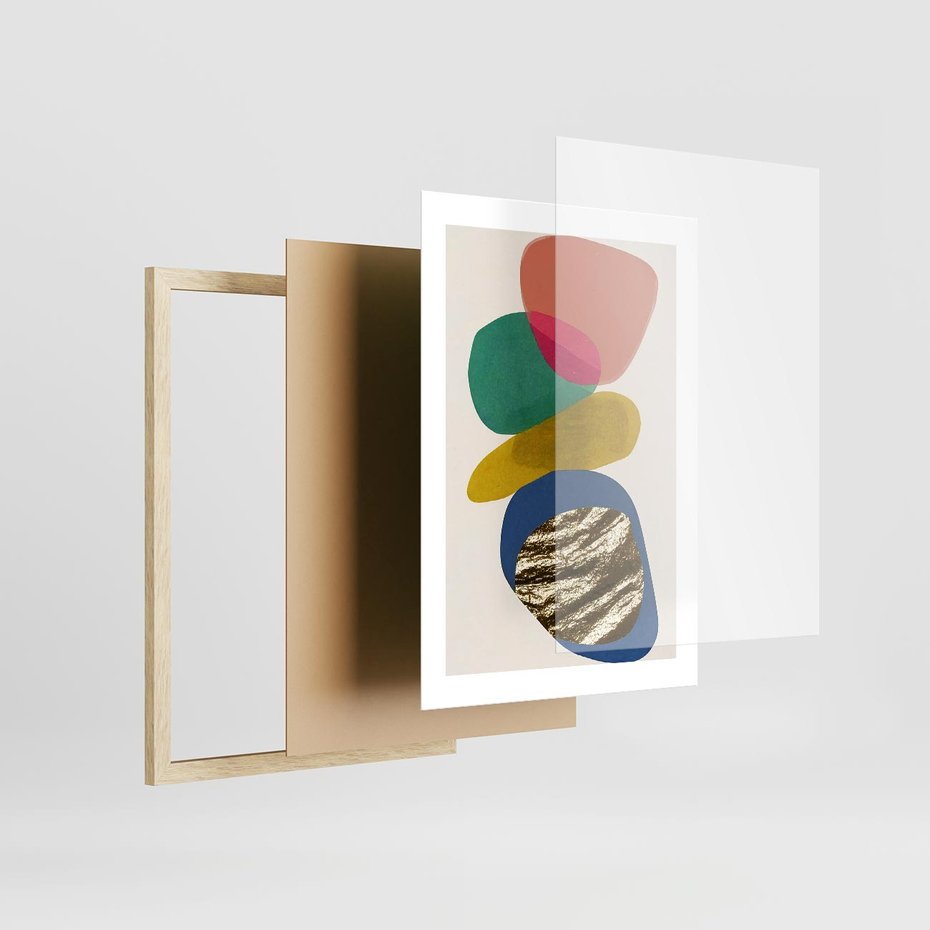 Plakat w ramie 30x40 - Kolorowe Przenikanie Kształtów - abstrakcyjne formy, obraz olejny - rama drewno
