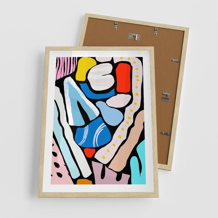 Plakat w ramie 50x70 - Kolory Na Czerni - abstrakcyjne formy, komiksowy styl - rama drewno