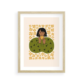 Plakat w ramie 30x40 - Wewnętrzne Fale - nowoczesny plakat, kobieta otoczona liśćmi - rama drewno