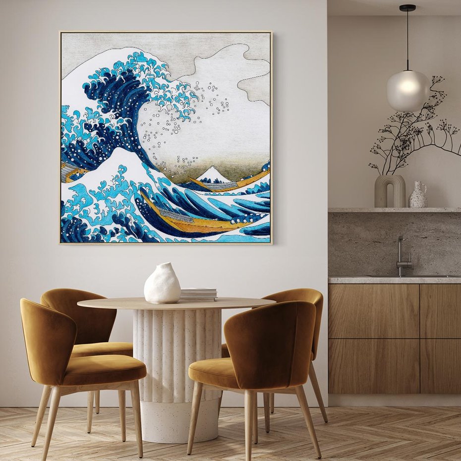 Obraz w ramie 80x80 - Wzburzone Morze - wielka fala w kaganawie, Hokusai - rama drewno