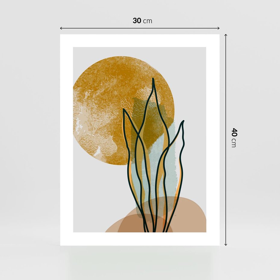 Plakat bez ramy 30x40 - Światło Natury: Graficzne Liście i Złote Słońce - grafika, graficzne liście