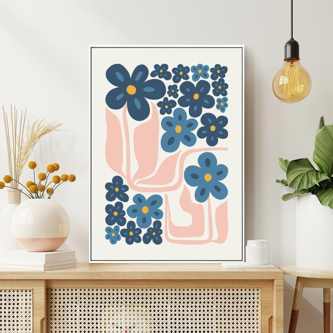 Obraz w ramie 50x70 - Niebieskie Refleksje - niebieskie kwiaty, niezapominajki - rama biała