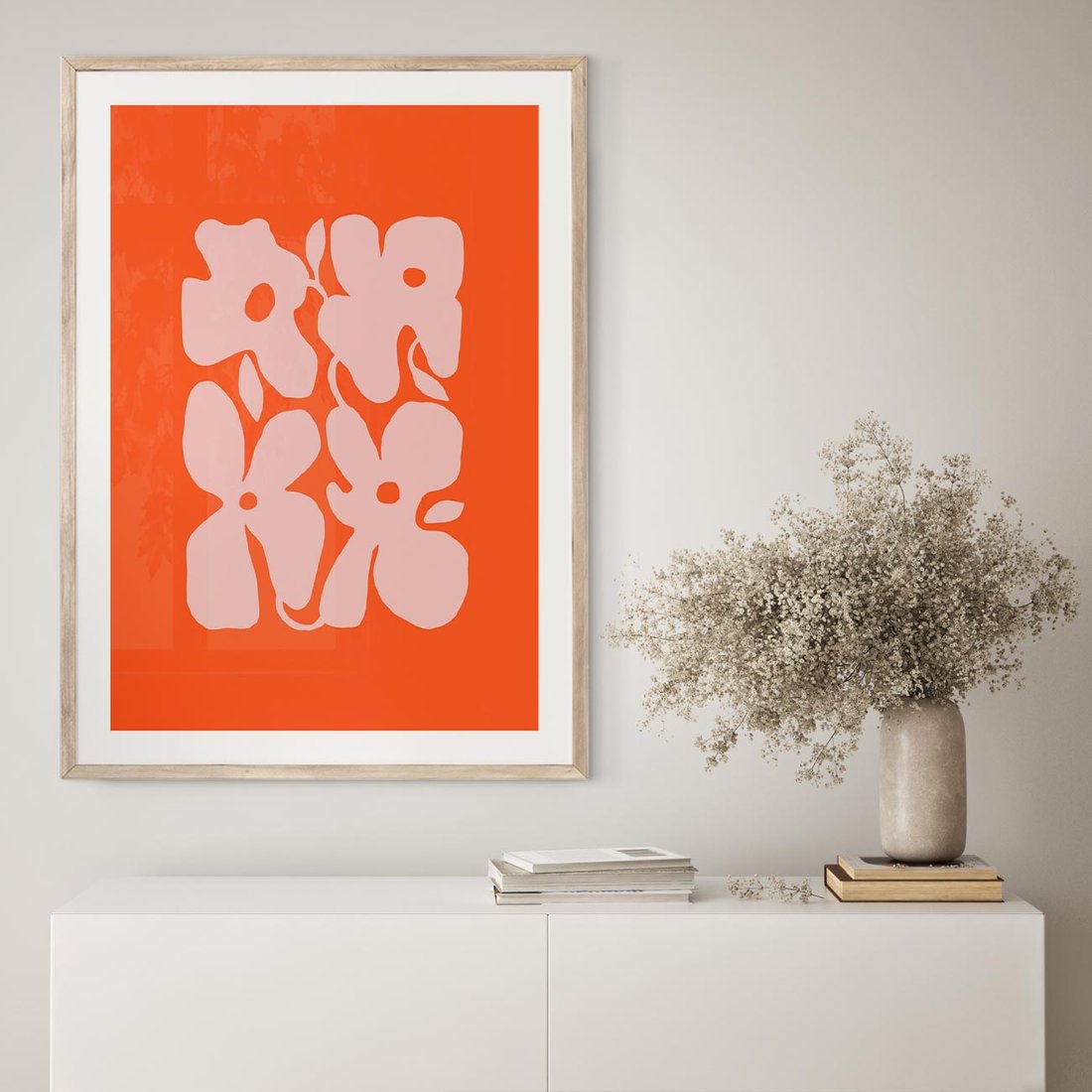 Plakat w ramie 50x70 - Taniec Abstrakcji - kwiaty, energetyczne pomarańczowe tłó - rama drewno