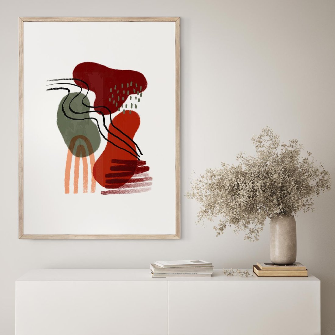 Plakat w ramie 50x70 - Boho Przenikanie - abstrakcyjna sztuka, boho kształty - rama drewno