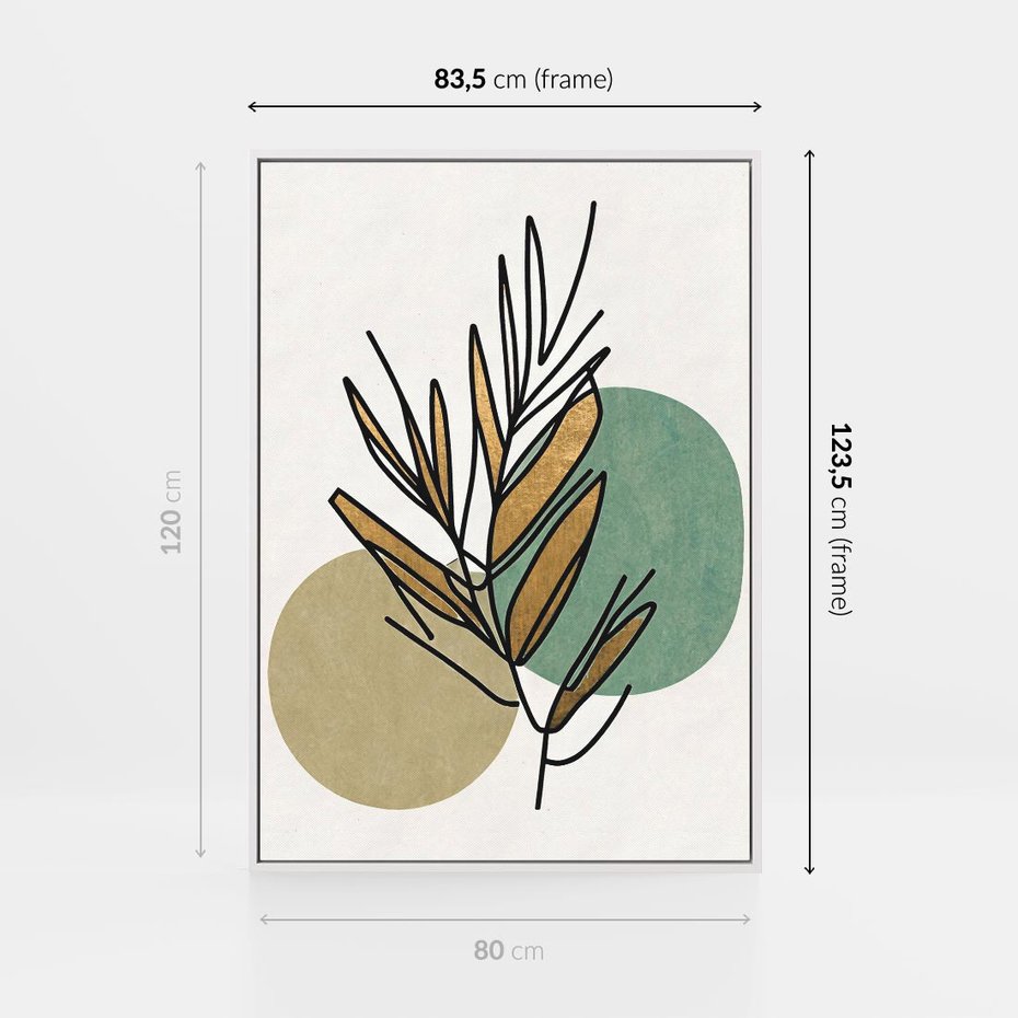 Obraz w ramie 80x120 - Migocące Ścieżki Wizji - abstrakcyjny obraz boho, liście - rama biała