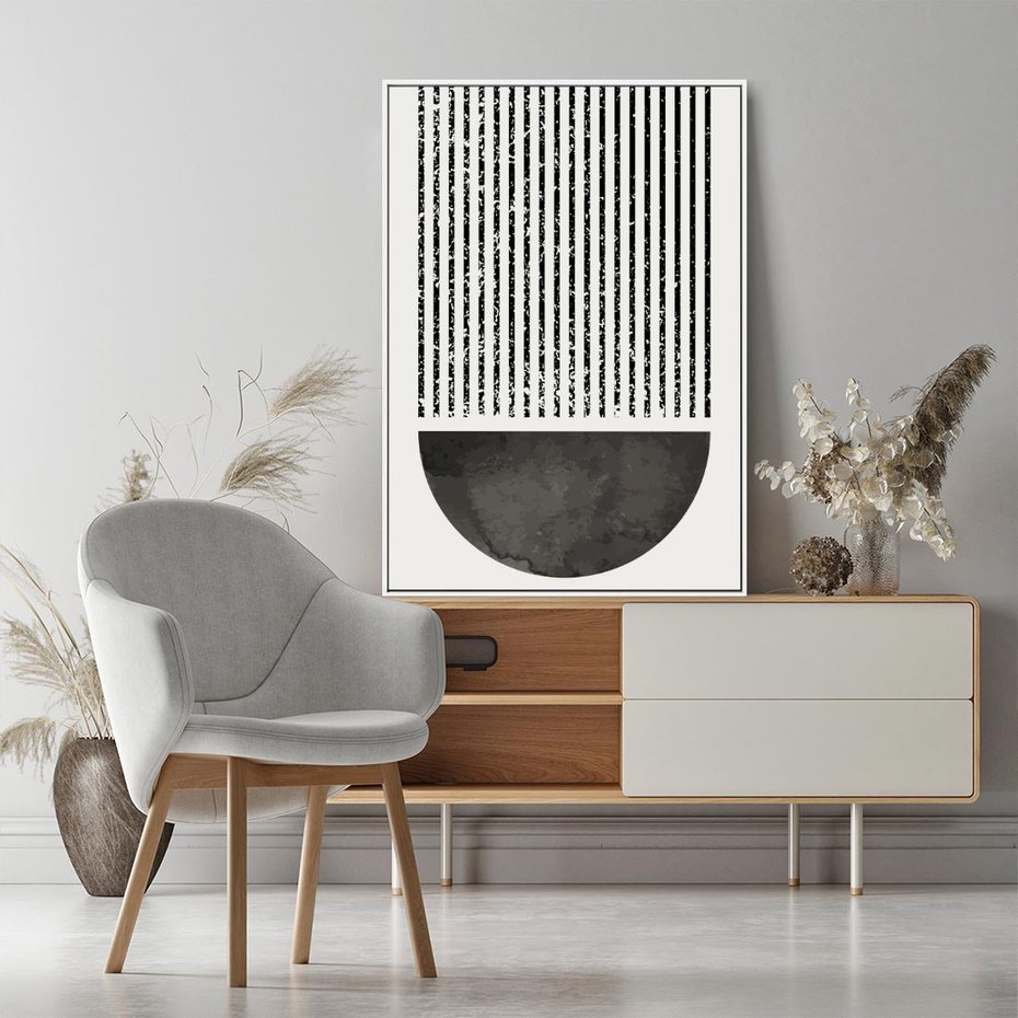 Obraz w ramie 70x100 - Taniec Impulsów - abstrakcyjne czarno białe formy, minimalizm - rama biała