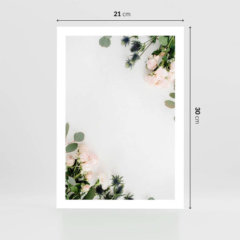 Plakat bez ramy 21x30 - Kompozycja z Białych Róż i Eukaliptusa - kompozycja z białych kwiatów na białym tle, róże