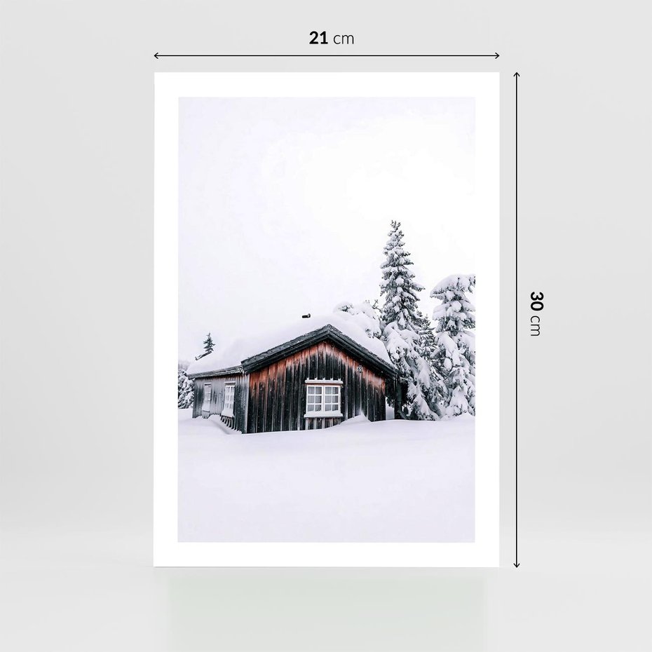 Plakat bez ramy 21x30 - Zimowy Azyl: Domek w Górach - domek w górach, śnieg