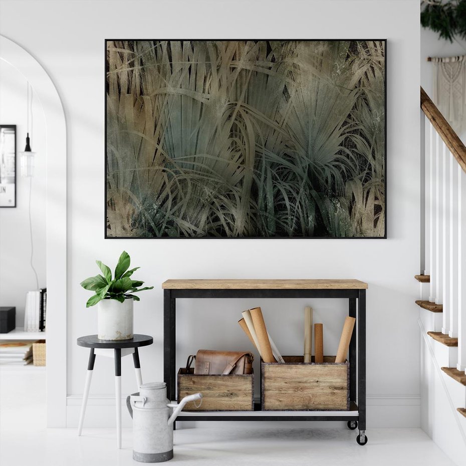 Obraz w ramie 70x50 - Światło w mroku duszy - liście traw, mroczny klimat - rama czarna