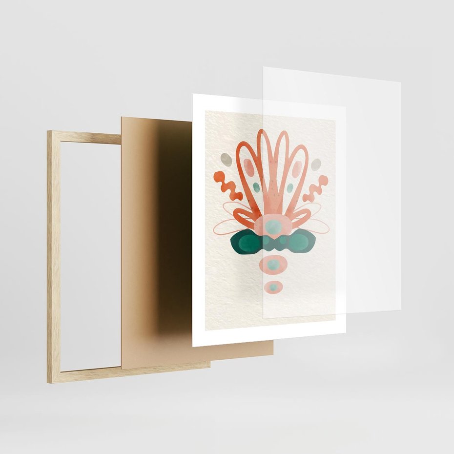 Plakat w ramie 40x50 - Harmonia Nienormalności - akwarelowe abstrakcyjne kształty, zieleń i pomarańcz - rama drewno