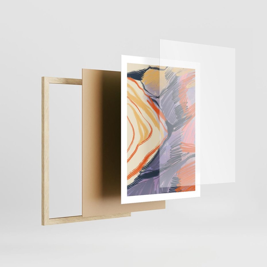 Plakat w ramie 50x70 - Pokreślony Świat - abstrakcyjne formy, odcienie pomarańczu i fioletu - rama drewno