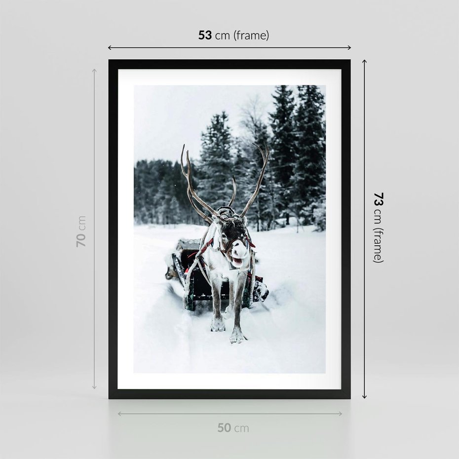 Plakat w ramie 50x70 - Świąteczna Przygoda - renifer, śnieg - rama czarna