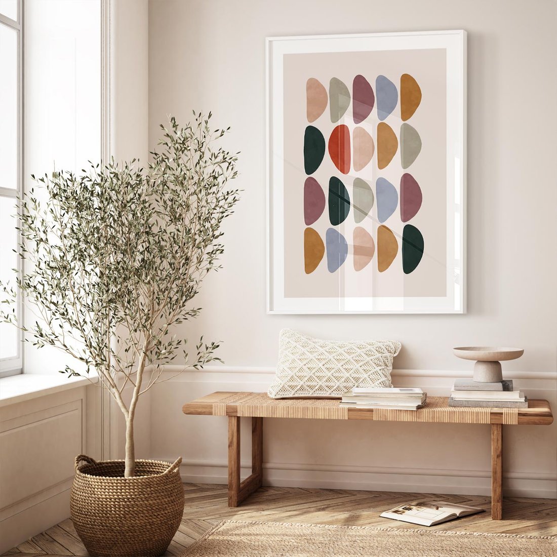 Plakat w ramie 30x40 - Granice Boho - abstrakcyjny obraz, geometryczna kompozycja - rama biała