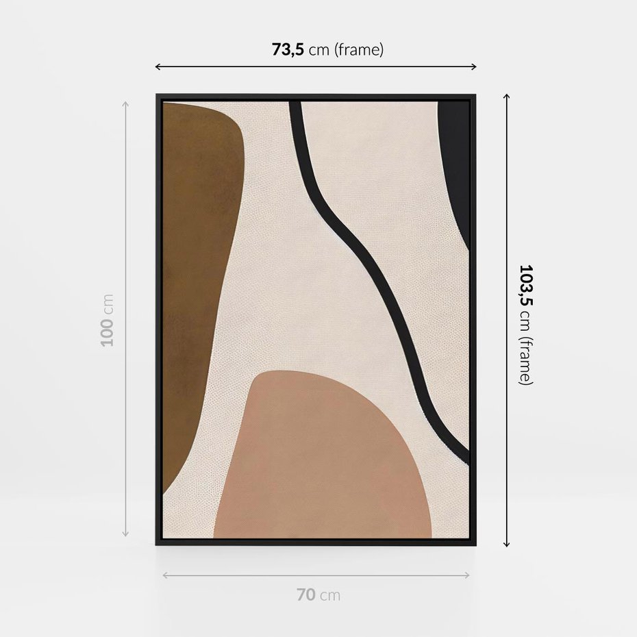 Obraz w ramie 70x100 - Harmonia chaosu i porządku - abstrakcyjne kształty, kolory beżu i brązu - rama czarna