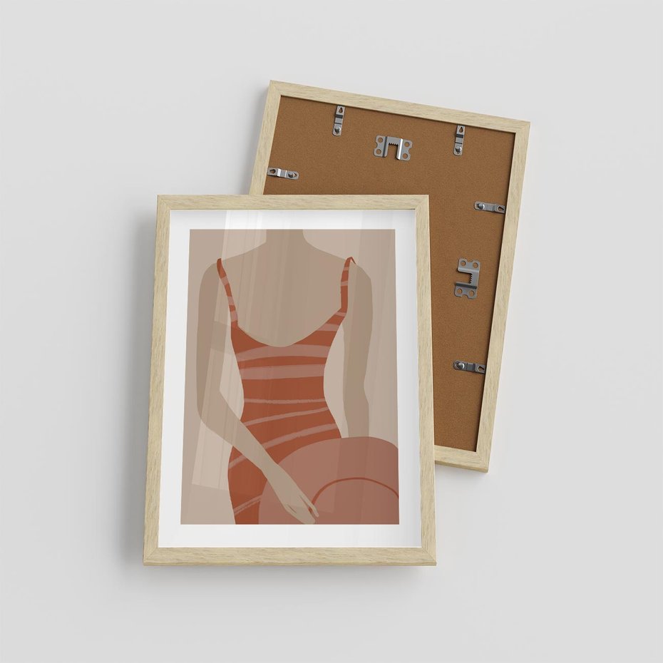 Plakat w ramie 30x40 - Kobiece Retro - minimalistyczny boho plakat, retro kobieta w stroju kąpielowym - rama drewno