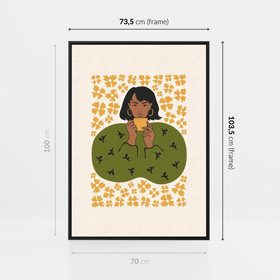 Obraz w ramie 70x100 - Wewnętrzne Fale - nowoczesny plakat, kobieta otoczona liśćmi - rama czarna