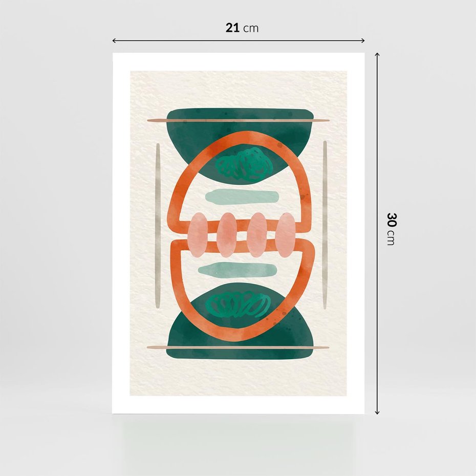 Plakat bez ramy 21x30 - Oryginalny obraz abstrakcyjny w nowoczesnym stylu. Geometryczne akwarelowe kształty w intensywnych odcieniach zieleni i pomarańczu. Doskonała dekoracja dla miłośników sztuki. - abstrakcyjny obraz, sztuka nowoczesna