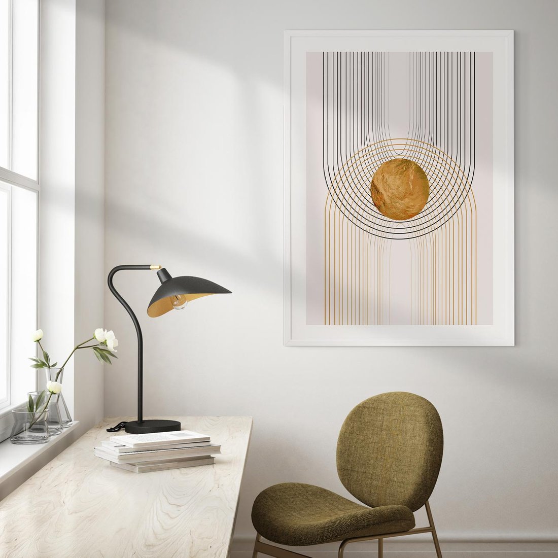 Plakat w ramie 50x70 - Złota Geometria - styl modern, złoto - rama biała