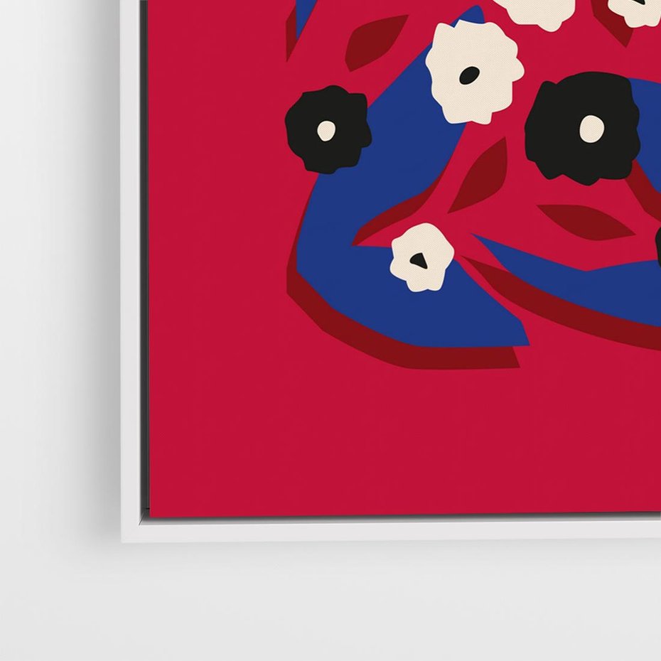 Obraz w ramie 80x80 - Kolorowe Przenikanie - abstrakcyjna kwiatowa kompozycja, czerwone mocne tło - rama biała