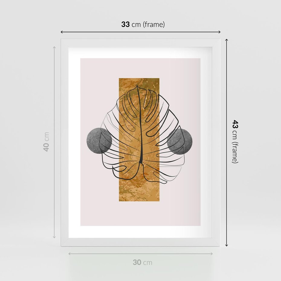Plakat w ramie 30x40 - Minimalistyczna Monstera: Złoty Prostokąt - liść monstery, minimalizm - rama biała