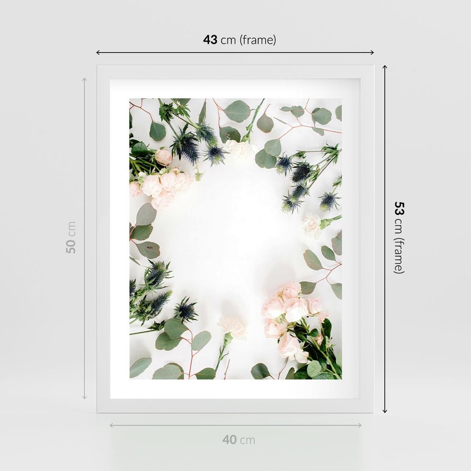 Plakat w ramie 40x50 - Róże i Zielone Liście - kompozycja kwiatowa, róże - rama biała