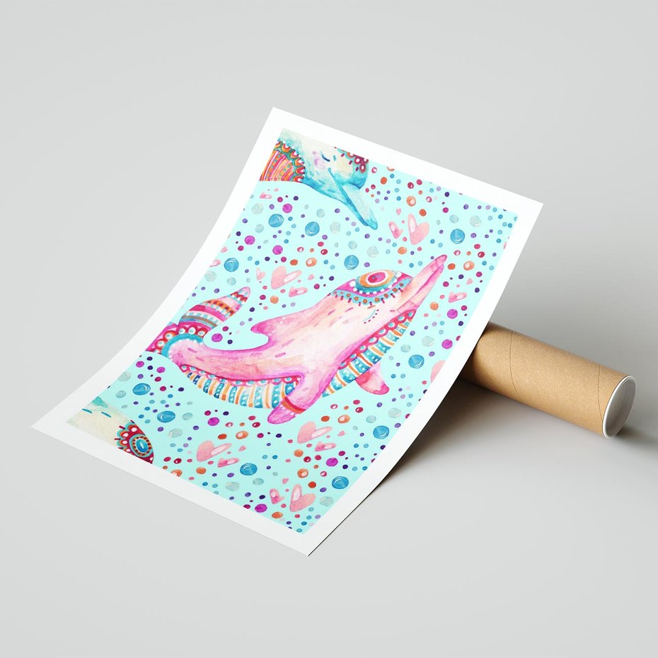 Plakat bez ramy 50x70 - Lekkość W Ruchu - delfin, akwarela