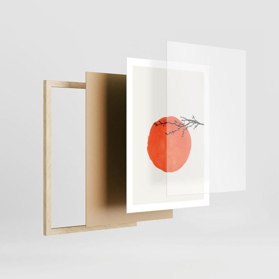Plakat w ramie 50x70 - Słońce i Gałązka - pomarańczowe słońce, gałązka - rama drewno