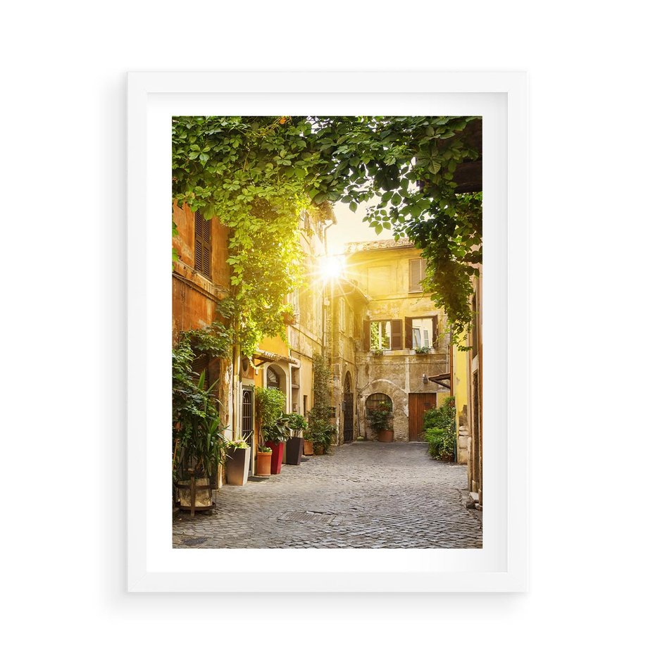 Plakat w ramie 50x70 - Malownicza Wędrówka - uliczka, perspektywa - rama biała