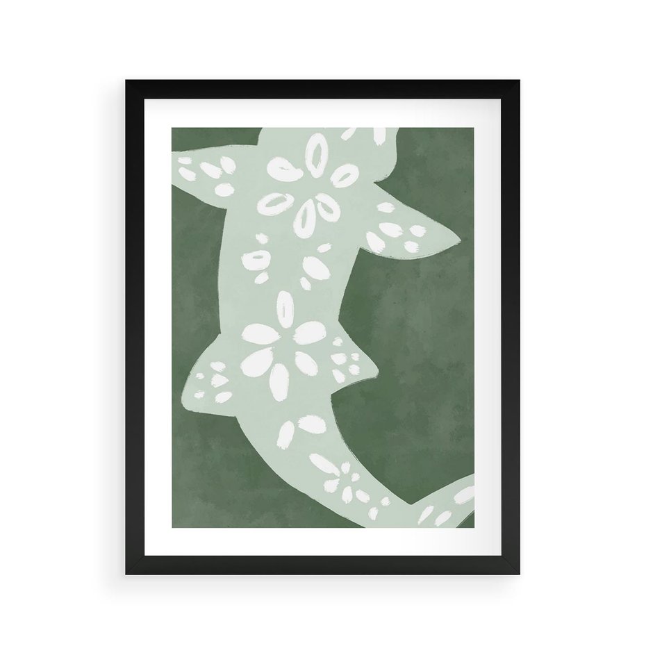 Plakat w ramie 40x50 - Migotliwe Wibracje Zieleni - zielony plakat, abstrakcja przypominająca rybę - rama czarna