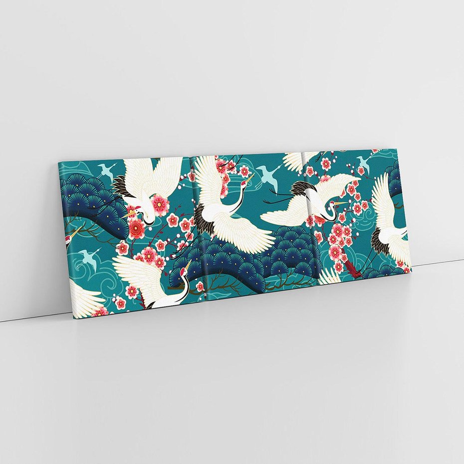 Obraz na płótnie 90x30 - Żurawie Wachlarze - orientalne japońskie żurawie, grafika
