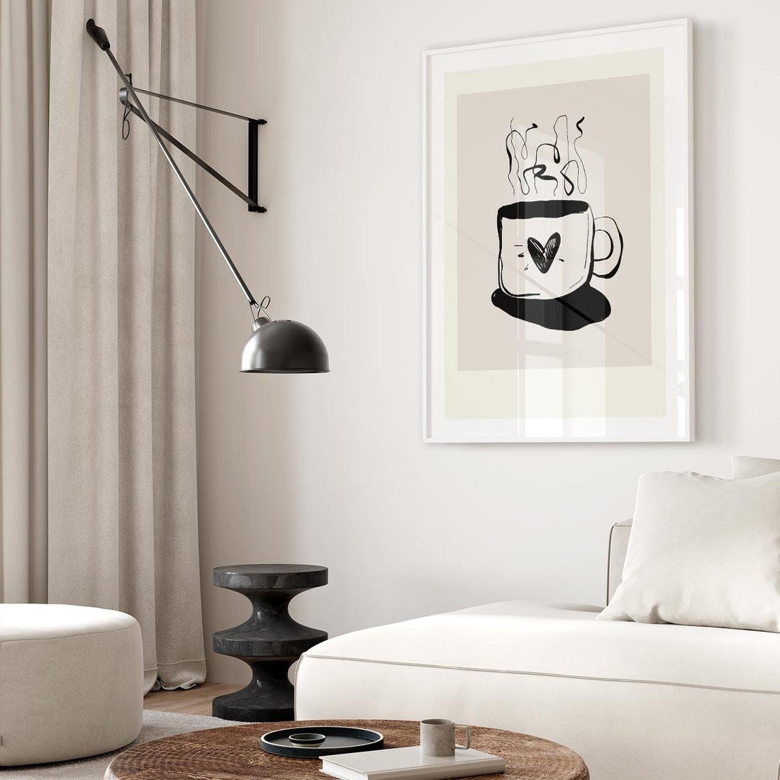 Plakat w ramie 50x70 - Grafika Kubka w Czerni i Bieli - kubek, grafika - rama biała