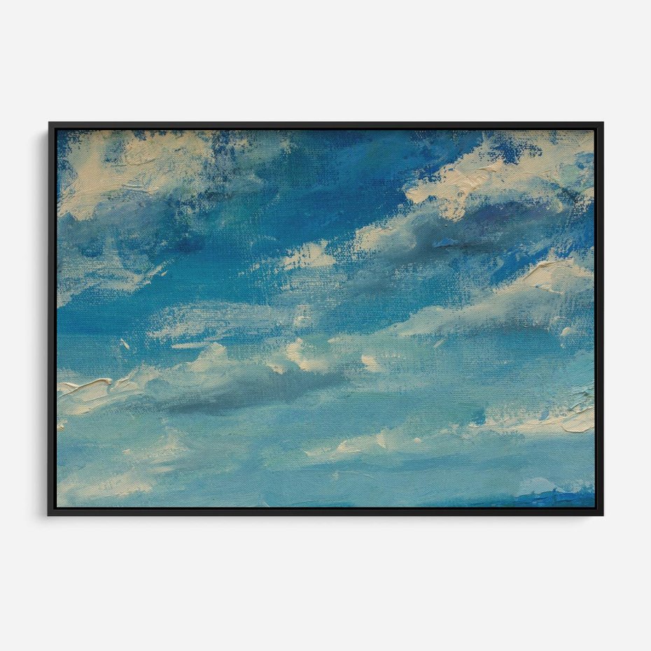 Obraz w ramie 70x50 - Oddechy niebiańskiej materii - olejny obraz, smugi farby przypominają obłoki na błękitnym niebie - rama czarna