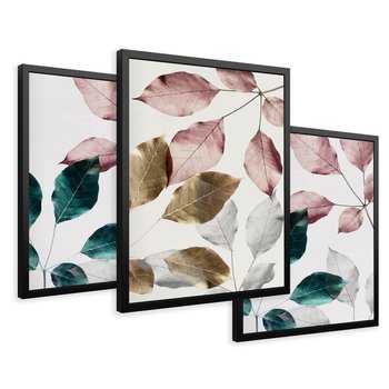 Zestaw obrazy w ramie 30x40 galeria - Liście, srebrne, złote, minimalizm - rama czarna