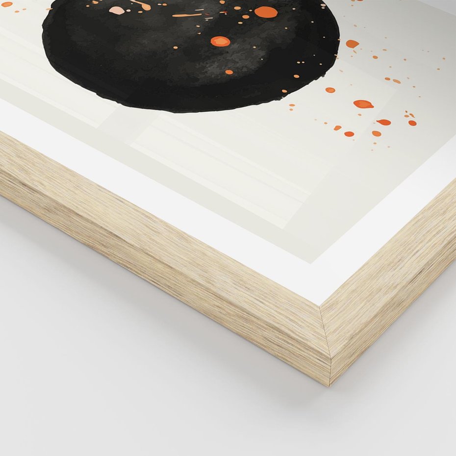 Plakat w ramie 30x40 - Wnętrza Marzeń - abstrakcyjna czarna plama, rozsiane pomarańczowe kropki - rama drewno