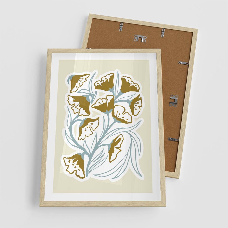 Plakat w ramie 50x70 - Wibracje Widzenia - abstrakcyjne beżowe kwiaty, elegancka kompozycja - rama drewno