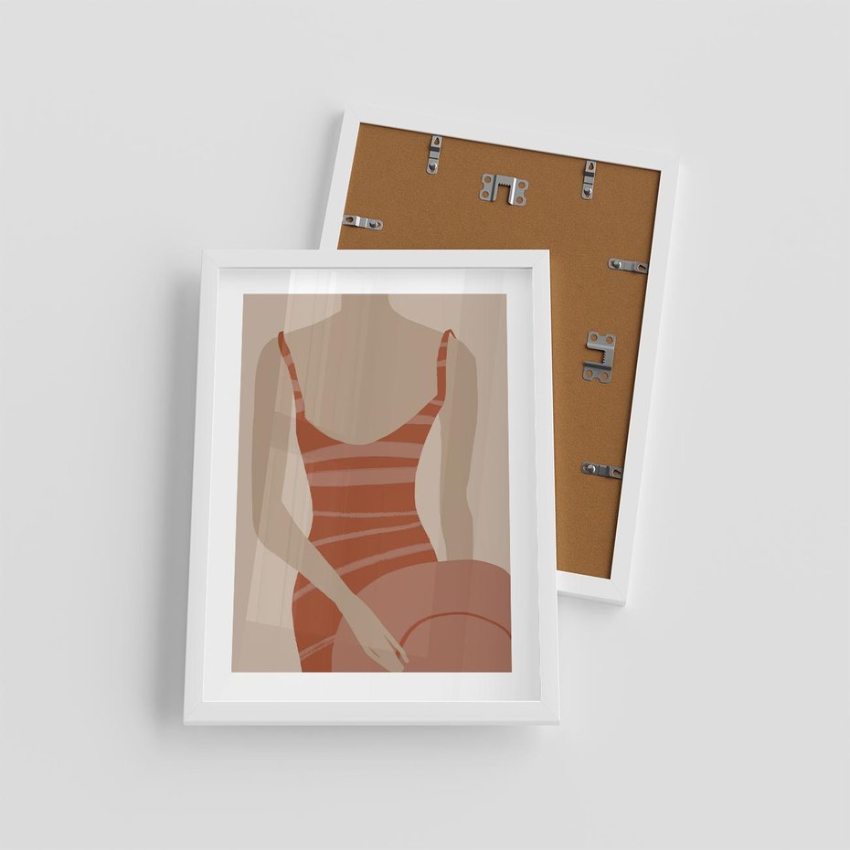 Plakat w ramie 30x40 - Kobiece Retro - minimalistyczny boho plakat, retro kobieta w stroju kąpielowym - rama biała