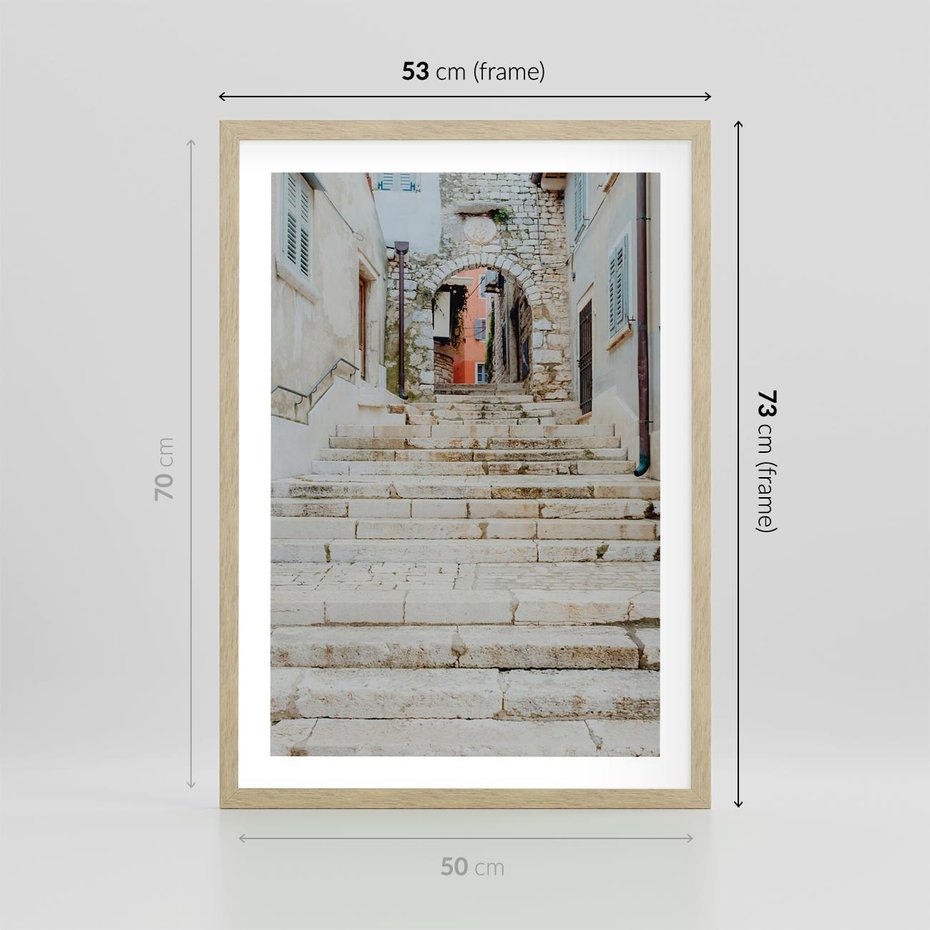 Plakat w ramie 50x70 - Schody we Włoskim Miasteczku - schody, śródziemnomorskie miasteczko - rama drewno