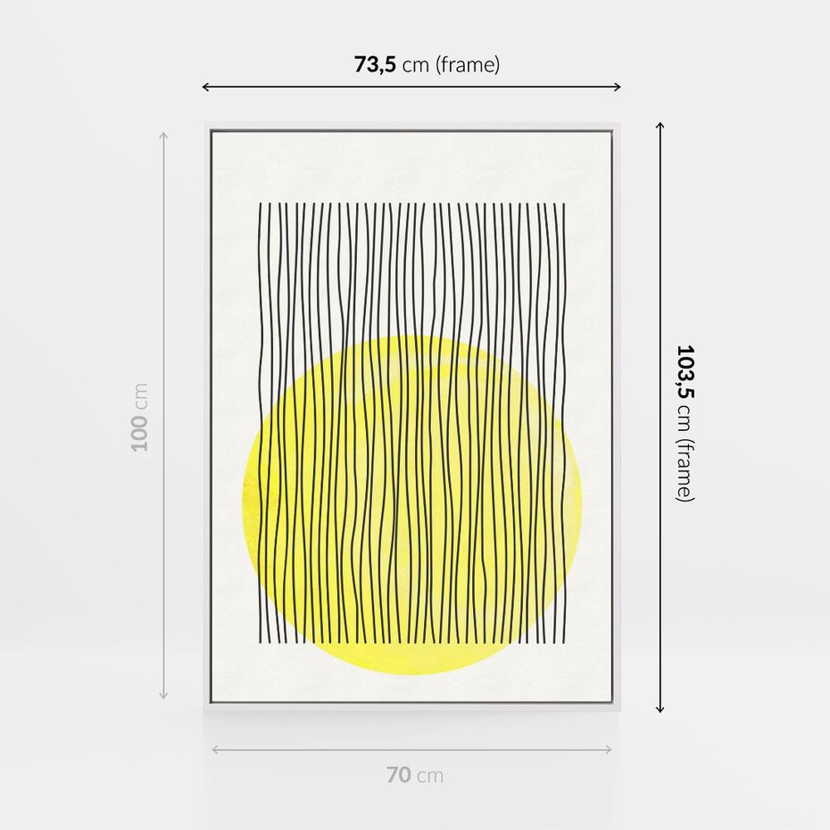Obraz w ramie 70x100 - Ciepłe Przenikanie - geometria, żółte koło - rama biała